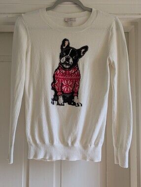 Loft Ivory Crewneck Sweater w/ Boston Terrier Graphic- S